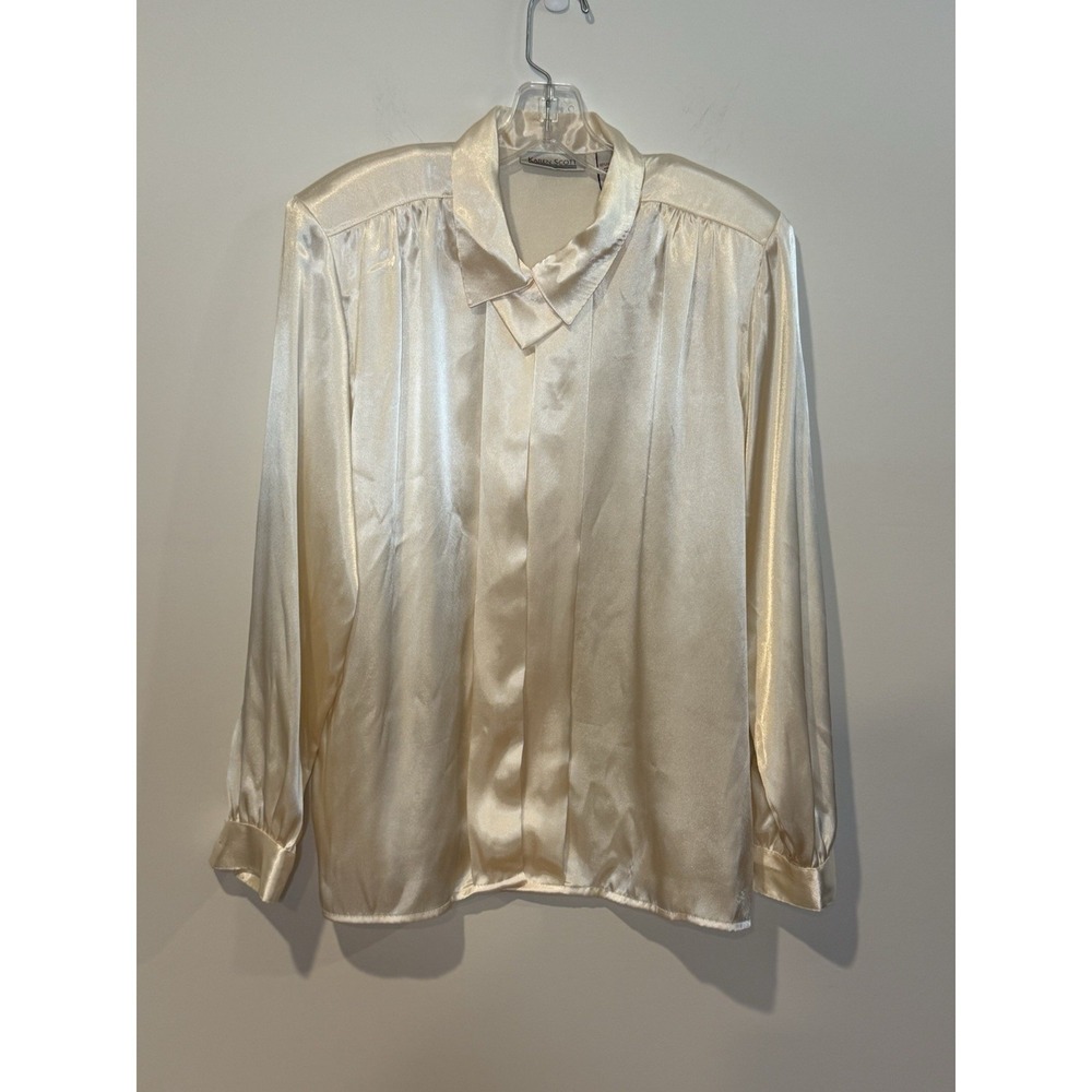 Vintage Karen Scott Ivory Cream Satin Blouse Top Women's 10 High Neck 80s 90s